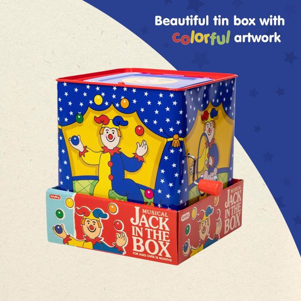 Schylling Jester Jack in the Box - Classic Children's Musical Toy - Colorful and Durable Tin Box with Silly Jester Plush - Age 18 months and Up