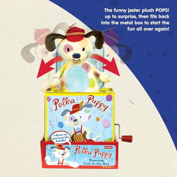 Schylling Polka Puppy Jack in the Box - Classic Children's Musical Toy that Dances - Colorful Embossed Tin Box and Lovable Puppy Plush - Age 18 months and Up